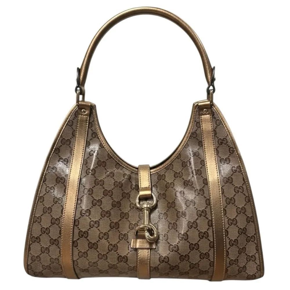 Gucci GG Crystal Beige Brown Canvas Gold Leather Trim Medium Joy Shoulder Bag